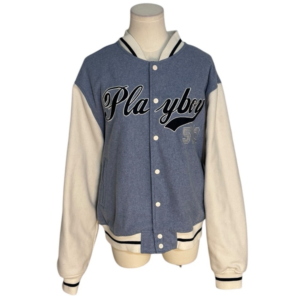 PLAYBOY by PACSUN Blue Varsity Jacket Bomber Letterman Size L Bunny Oversized